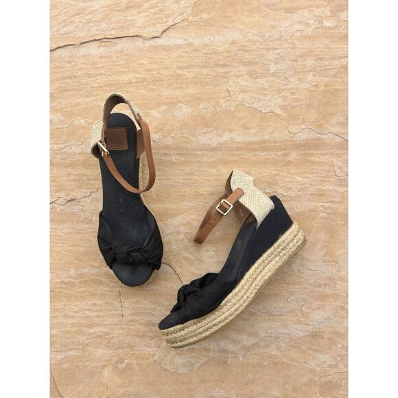 Tory Burch Designer Black Bow Wedge Espadrille Heel Size 7 KB - Picture 1 of 5